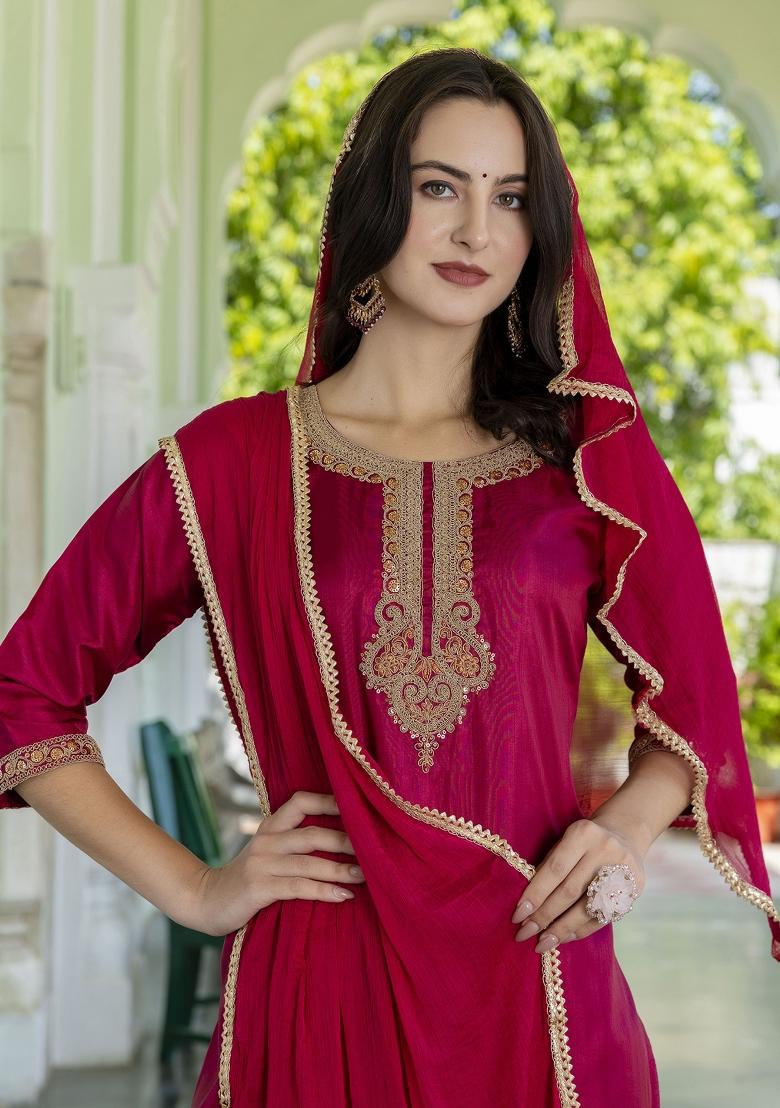 Maroon Embroidered Silk Blend Salwar Kameez With Dupatta