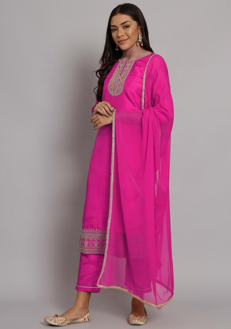 Pink Embroidered Silk Blend Salwar Kameez With Dupatta