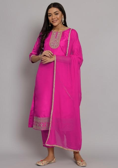 Pink Embroidered Silk Blend Salwar Kameez With Dupatta