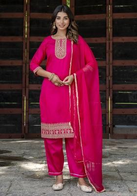 Pink Embroidered Silk Blend Salwar Kameez With Dupatta