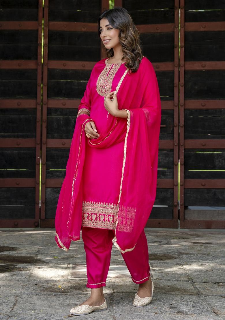 Pink Embroidered Silk Blend Salwar Kameez With Dupatta