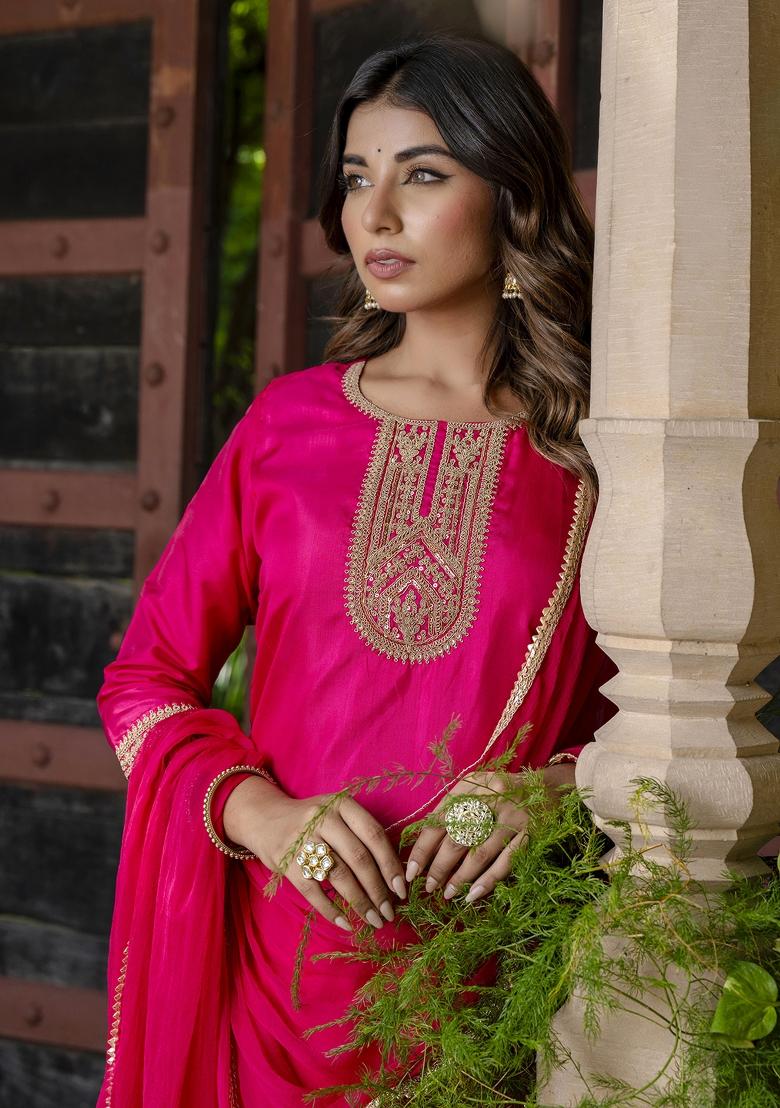 Pink Embroidered Silk Blend Salwar Kameez With Dupatta