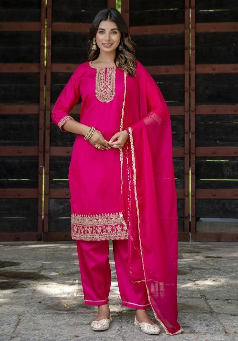 Pink Embroidered Silk Blend Salwar Kameez With Dupatta