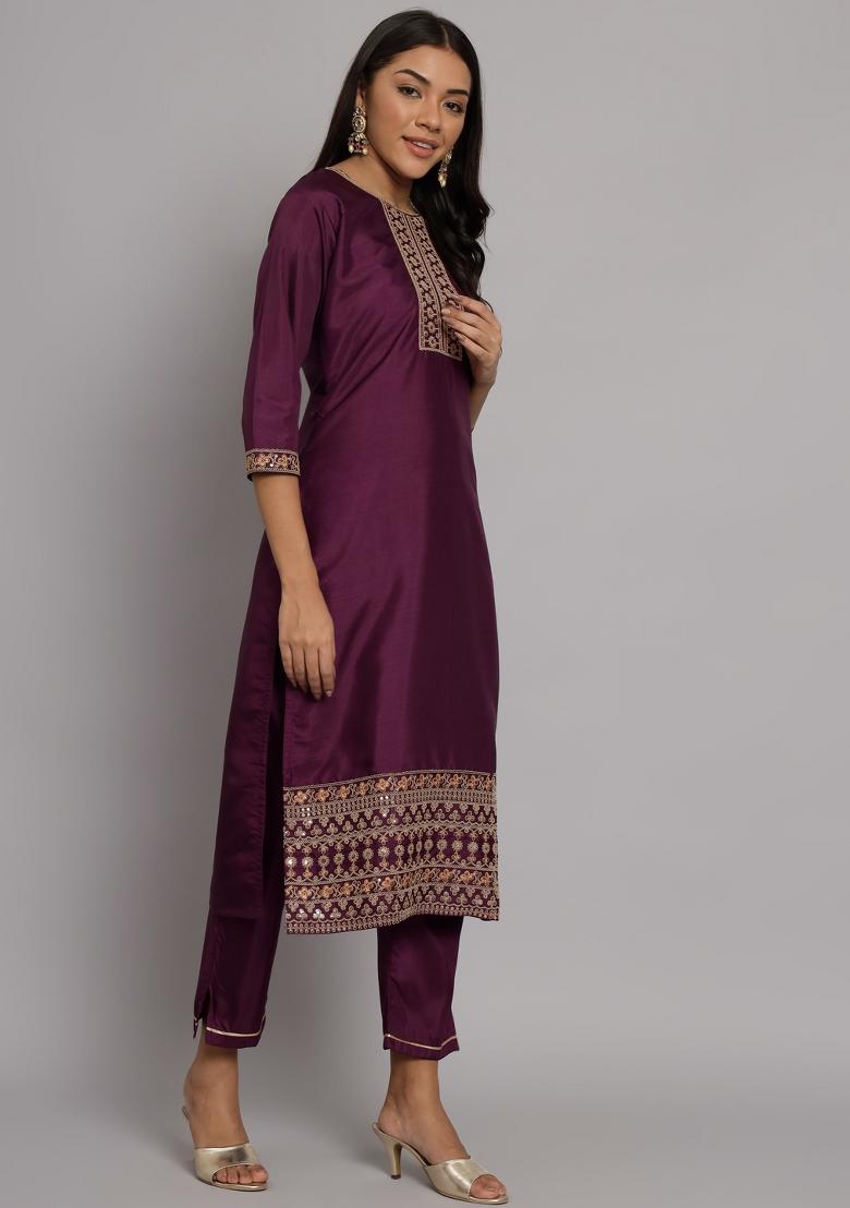 Purple Embroidered Silk Blend Salwar Kameez With Dupatta