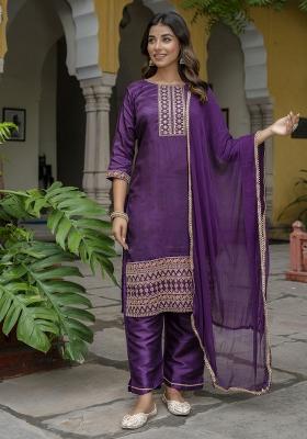 Purple Embroidered Silk Blend Salwar Kameez With Dupatta