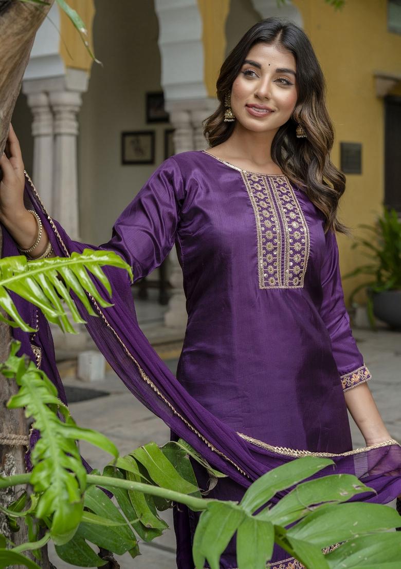 Purple Embroidered Silk Blend Salwar Kameez With Dupatta