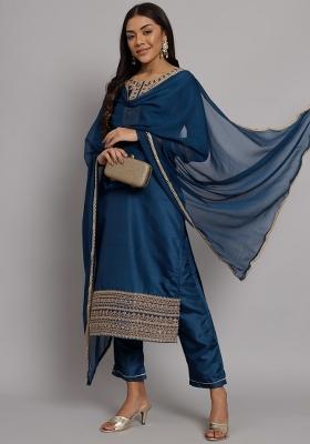 Teal Embroidered Silk Blend Salwar Kameez With Dupatta