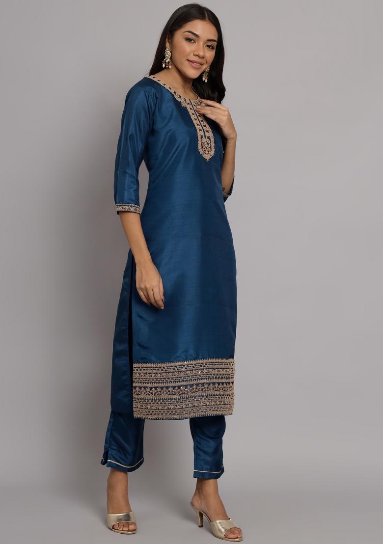 Teal Embroidered Silk Blend Salwar Kameez With Dupatta