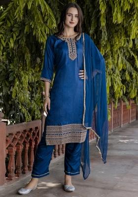 Blue Embroidered Silk Blend Salwar Kameez With Dupatta