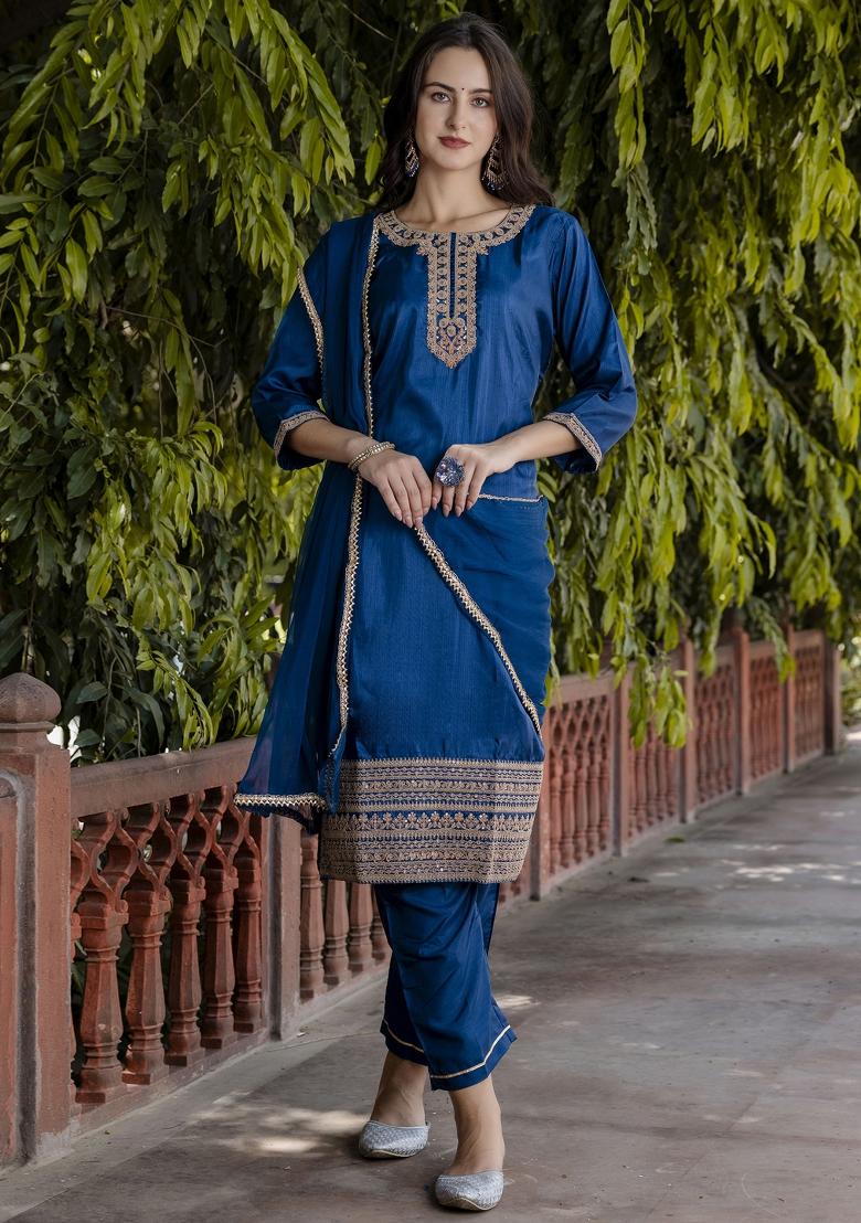 Blue Embroidered Silk Blend Salwar Kameez With Dupatta