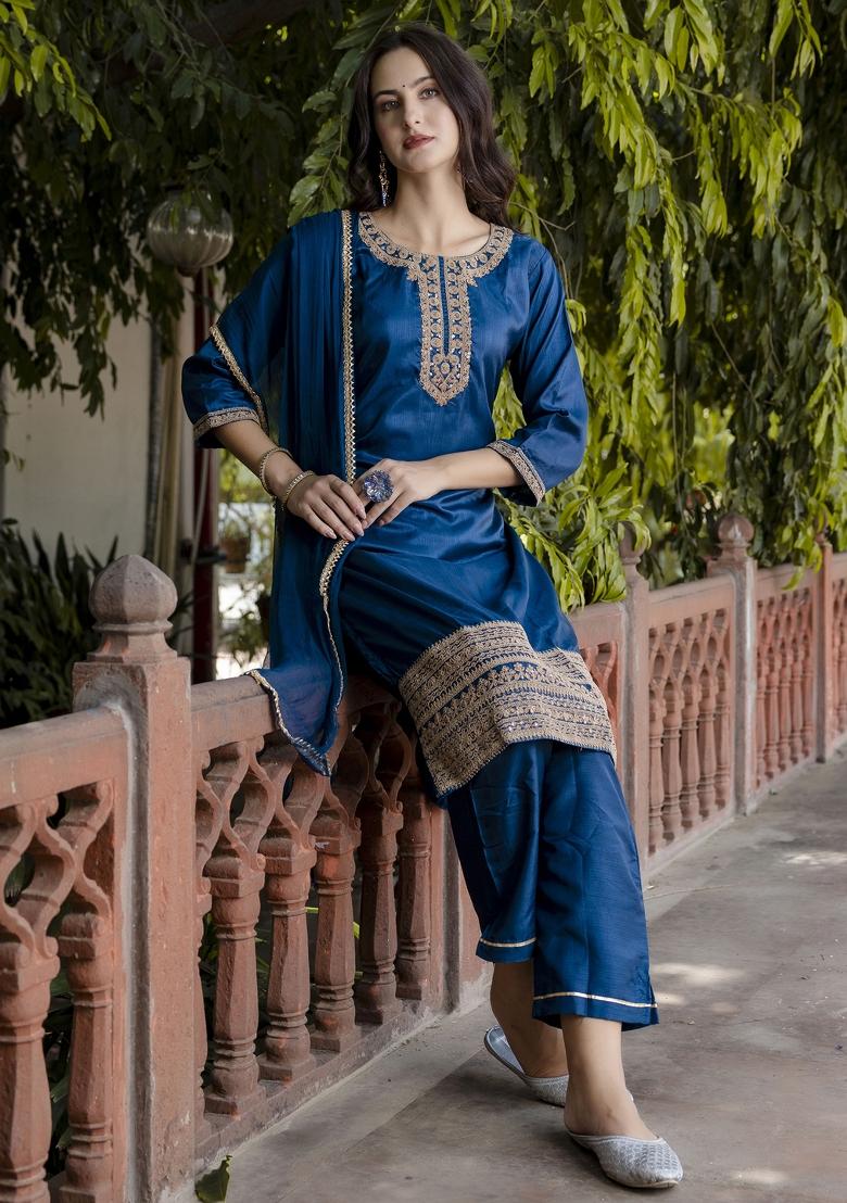 Blue Embroidered Silk Blend Salwar Kameez With Dupatta