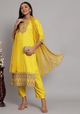 Yellow Embroidered Silk Blend Salwar Kameez With Dupatta
