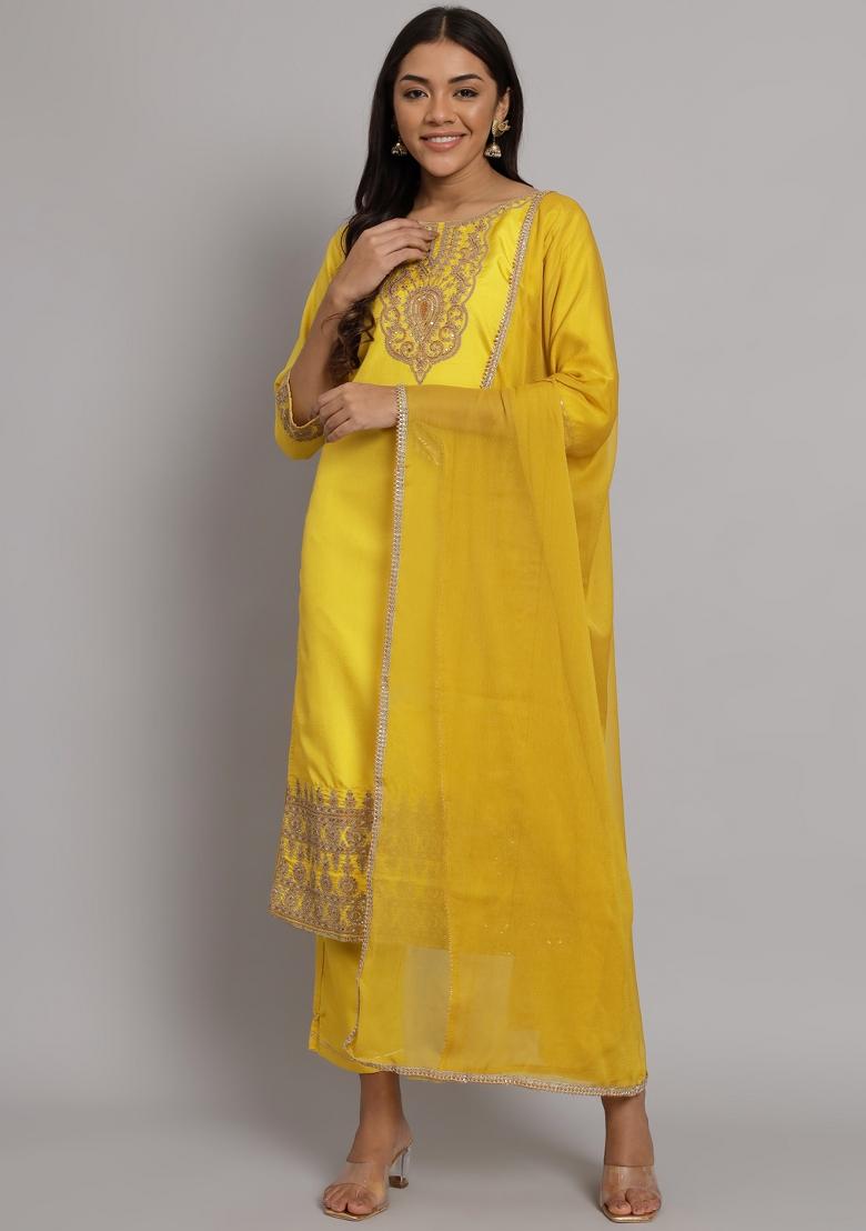 Yellow Embroidered Silk Blend Salwar Kameez With Dupatta