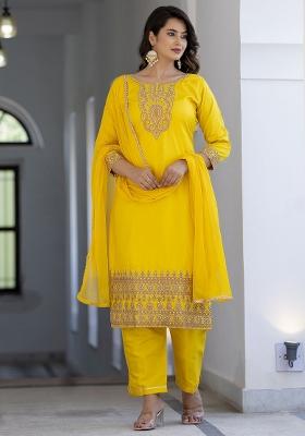 Yellow Embroidered Silk Blend Salwar Kameez With Dupatta