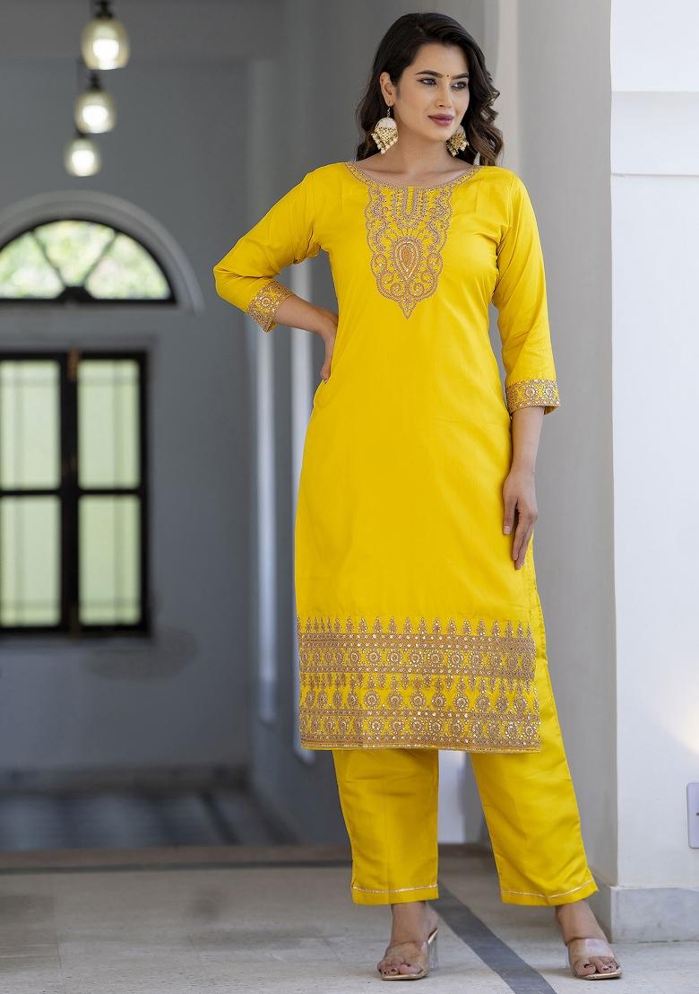 Yellow Embroidered Silk Blend Salwar Kameez With Dupatta