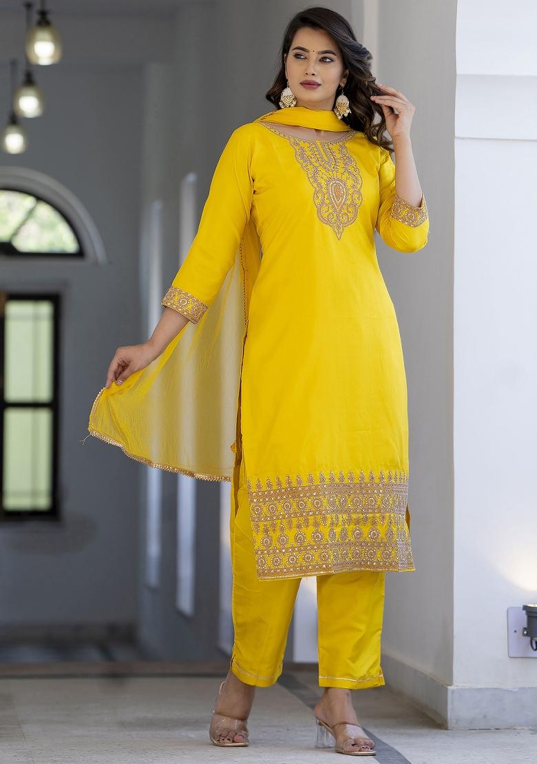 Yellow Embroidered Silk Blend Salwar Kameez With Dupatta
