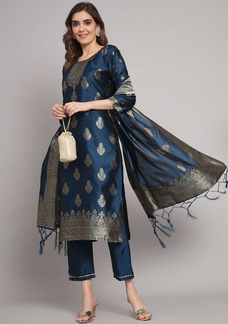 Blue Jacquard Cotton Straight Kurta Set - Indya