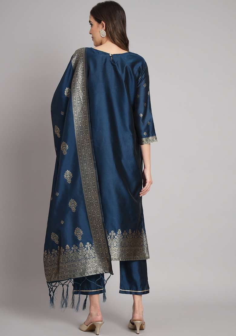 Blue Jacquard Cotton Straight Kurta Set - Indya