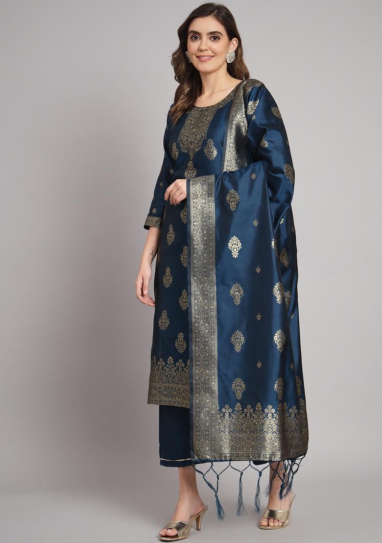Blue Woven Cotton Blend Salwar Kameez With Dupatta