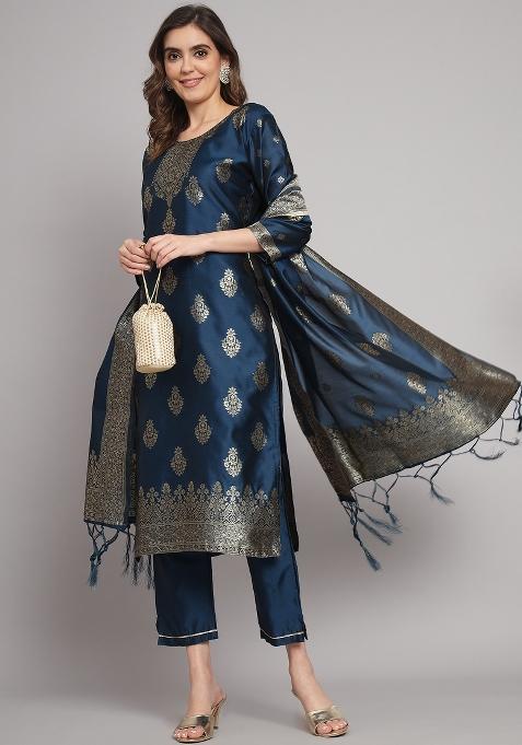 Blue Woven Cotton Blend Salwar Kameez With Dupatta