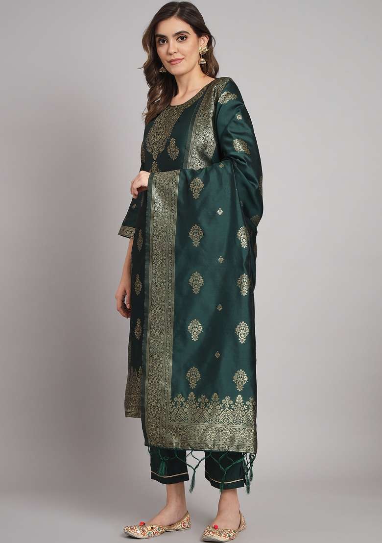 Green Jacquard Cotton Straight Kurta Set - Indya