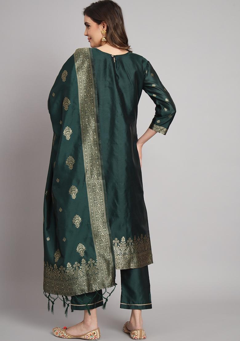 Green Woven Cotton Blend Salwar Kameez With Dupatta
