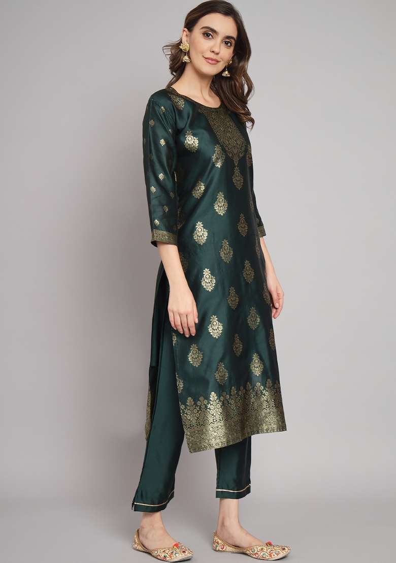 Green Jacquard Cotton Straight Kurta Set - Indya