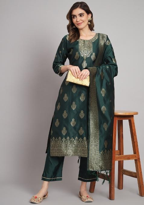 Green Woven Cotton Blend Salwar Kameez With Dupatta