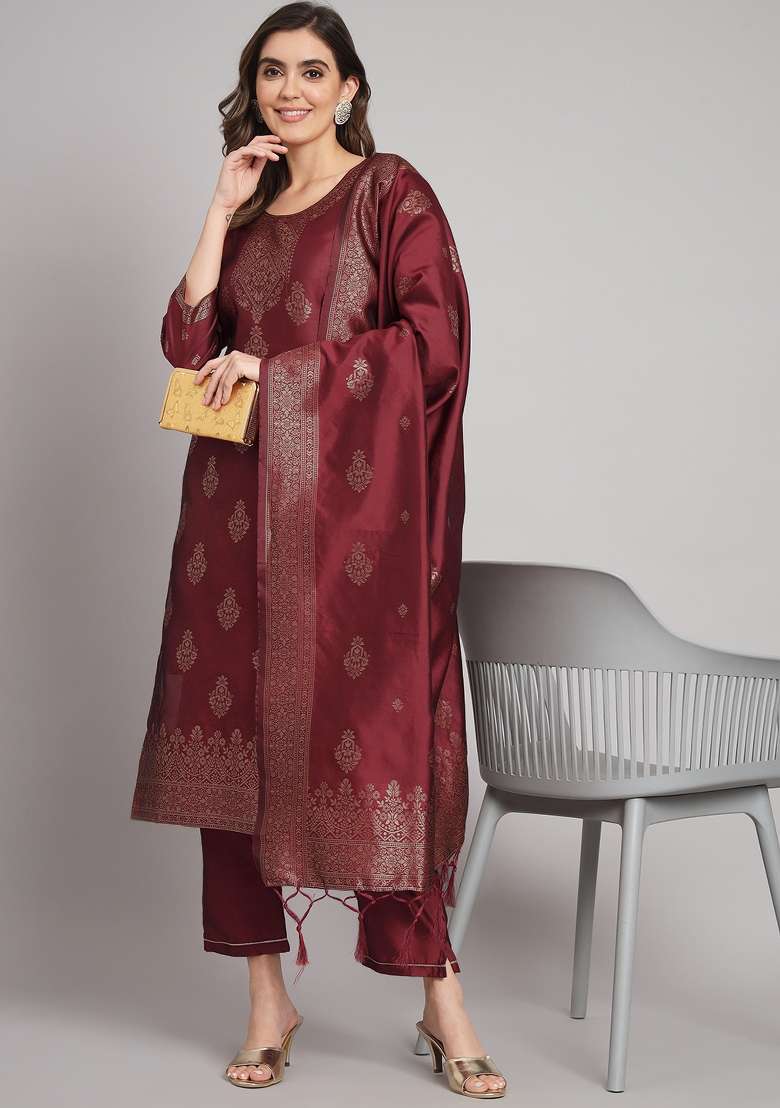 Maroon Zari Work Cotton Straight Kurta Set - Indya