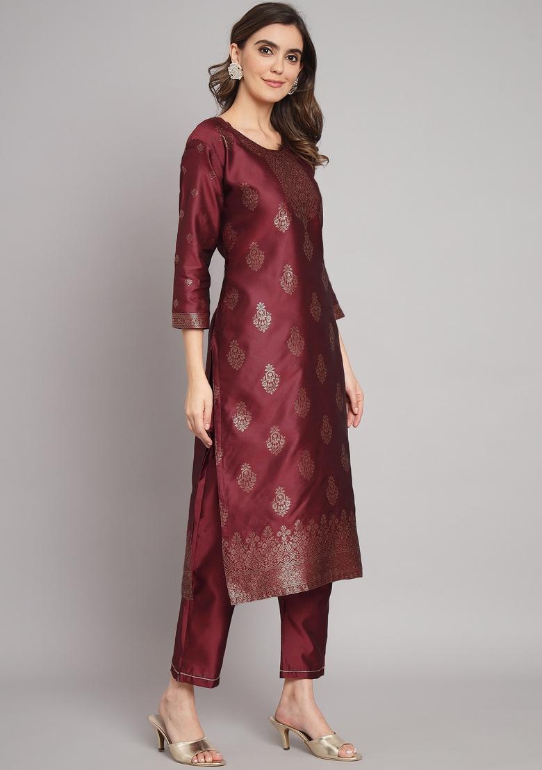 Maroon Woven Cotton Blend Salwar Kameez With Dupatta