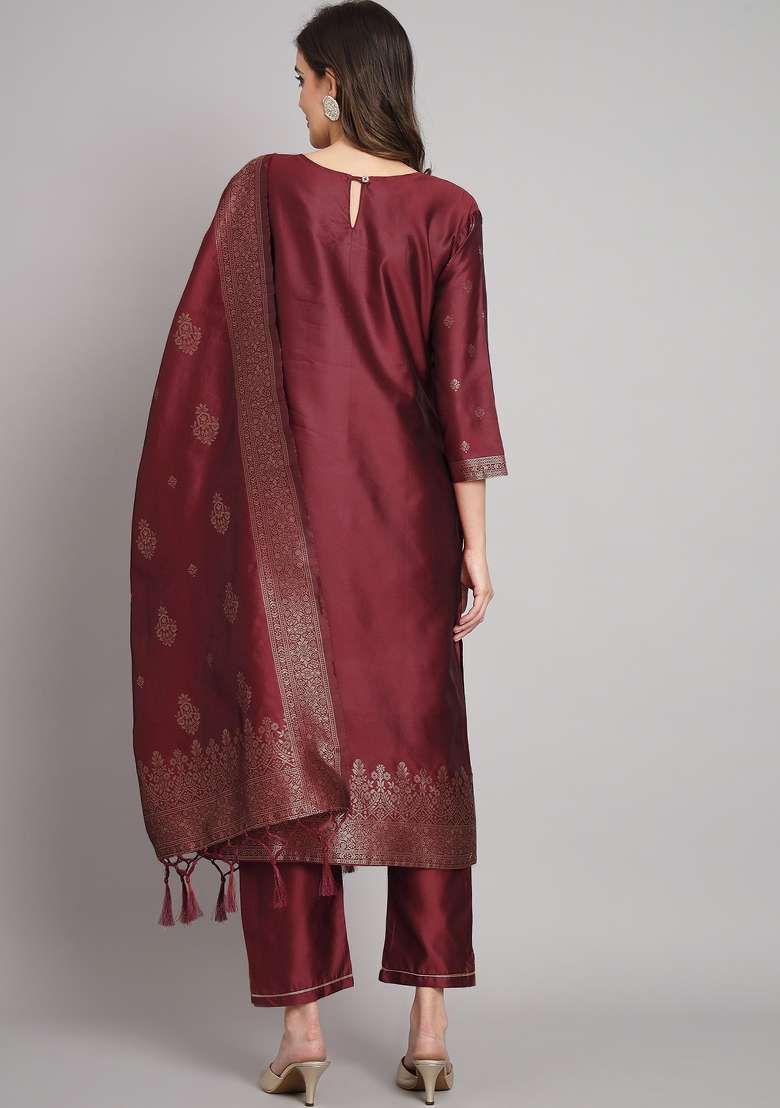 Maroon Zari Work Cotton Straight Kurta Set - Indya