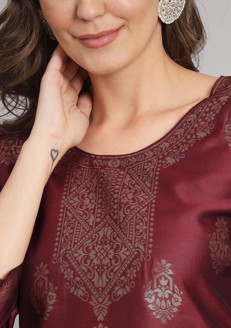 Maroon Woven Cotton Blend Salwar Kameez With Dupatta