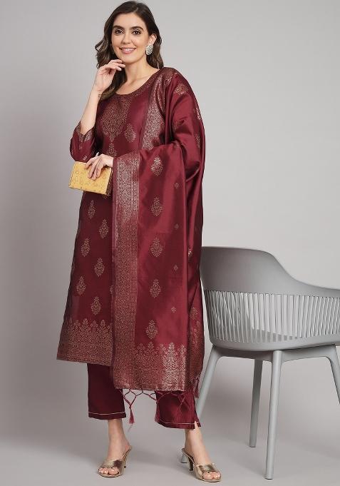Maroon Woven Cotton Blend Salwar Kameez With Dupatta