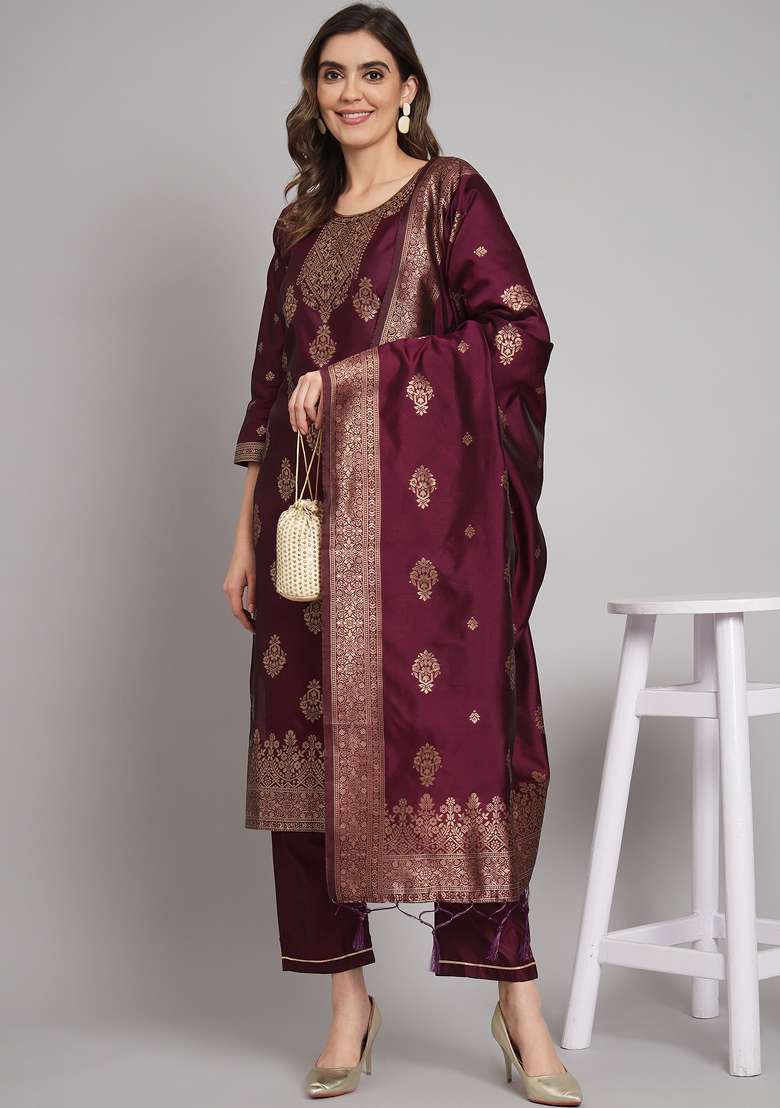 Purple Jacquard Cotton Straight Kurta Set - Indya