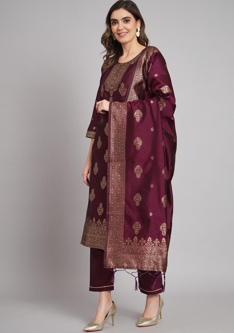 Purple Woven Cotton Blend Salwar Kameez With Dupatta