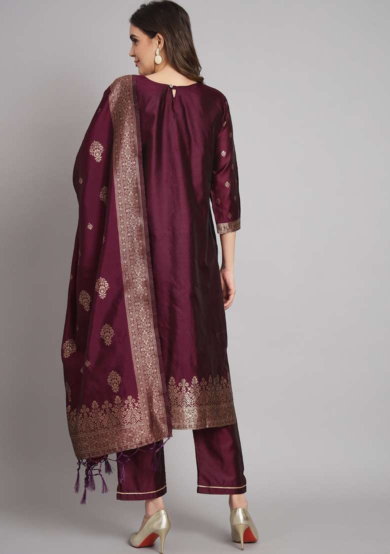 Purple Jacquard Cotton Straight Kurta Set - Indya