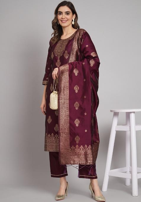Purple Woven Cotton Blend Salwar Kameez With Dupatta
