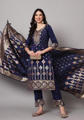 Blue Woven Cotton Blend Salwar Kameez With Dupatta