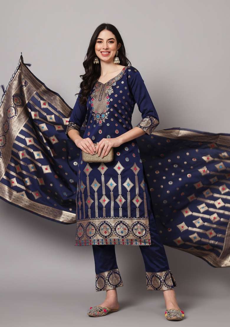 Blue Jacquard Cotton Straight Kurta Set - Indya