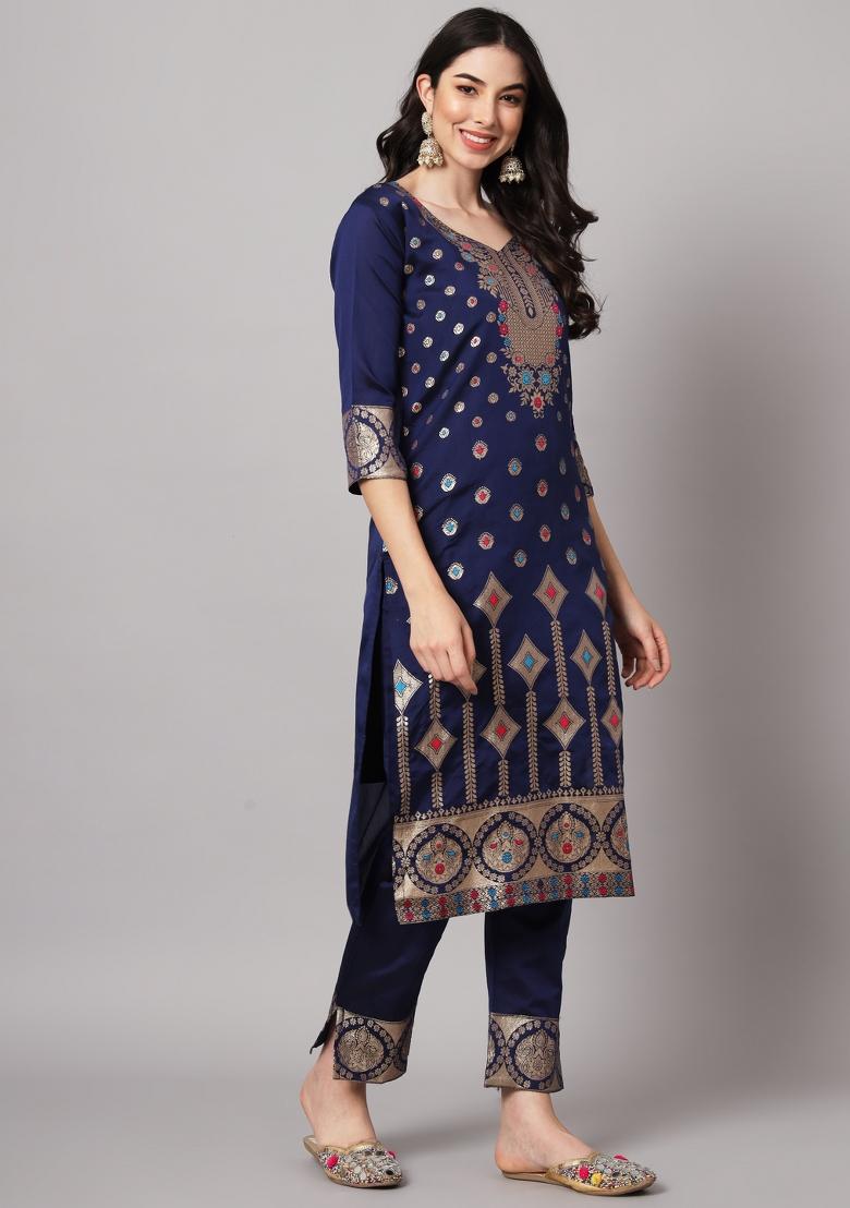 Blue Woven Cotton Blend Salwar Kameez With Dupatta