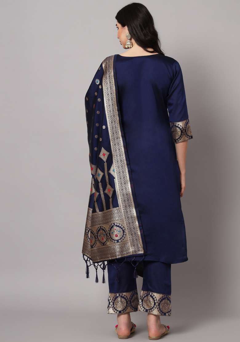 Blue Jacquard Cotton Straight Kurta Set - Indya