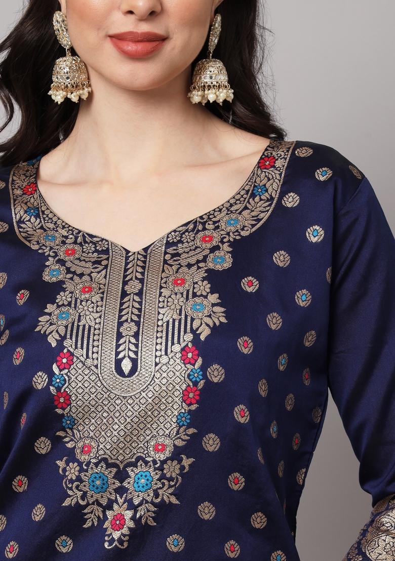 Blue Woven Cotton Blend Salwar Kameez With Dupatta