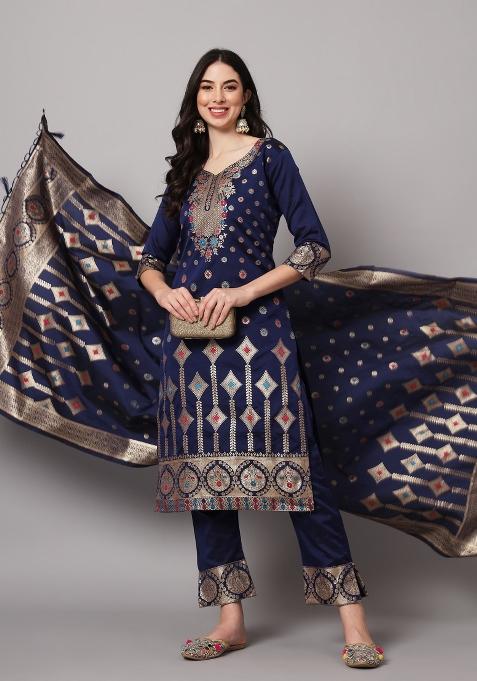 Blue Woven Cotton Blend Salwar Kameez With Dupatta