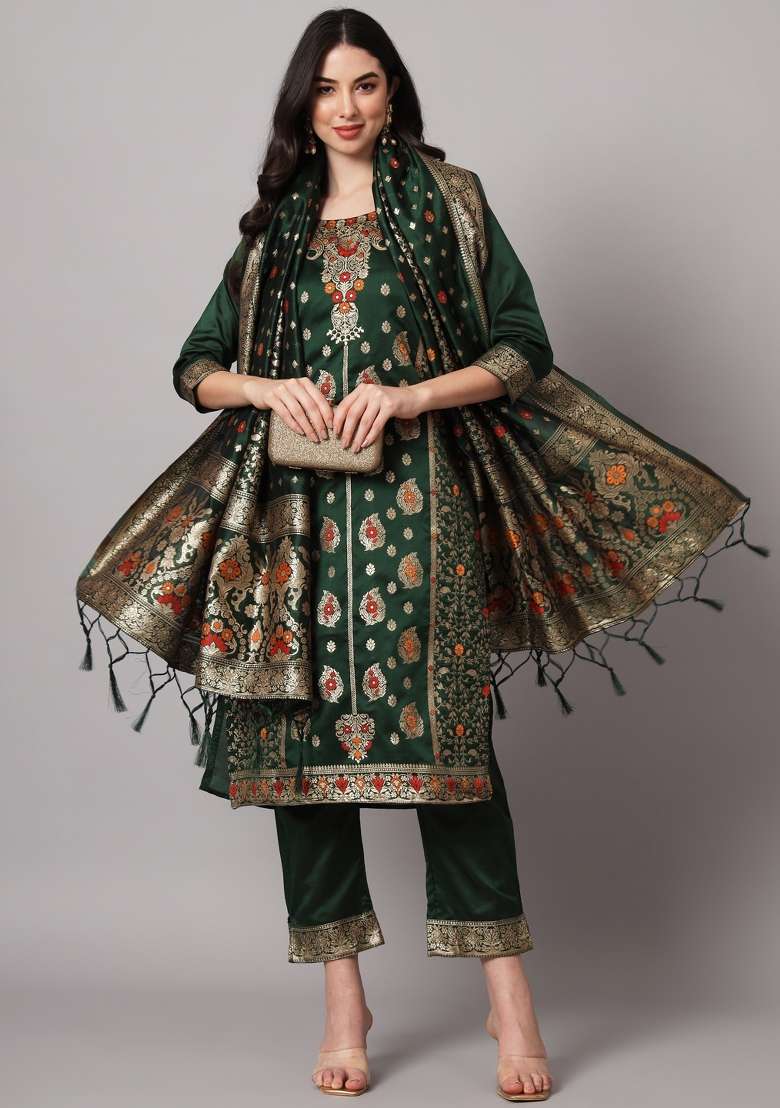 Green Jacquard Cotton Straight Kurta Set - Indya