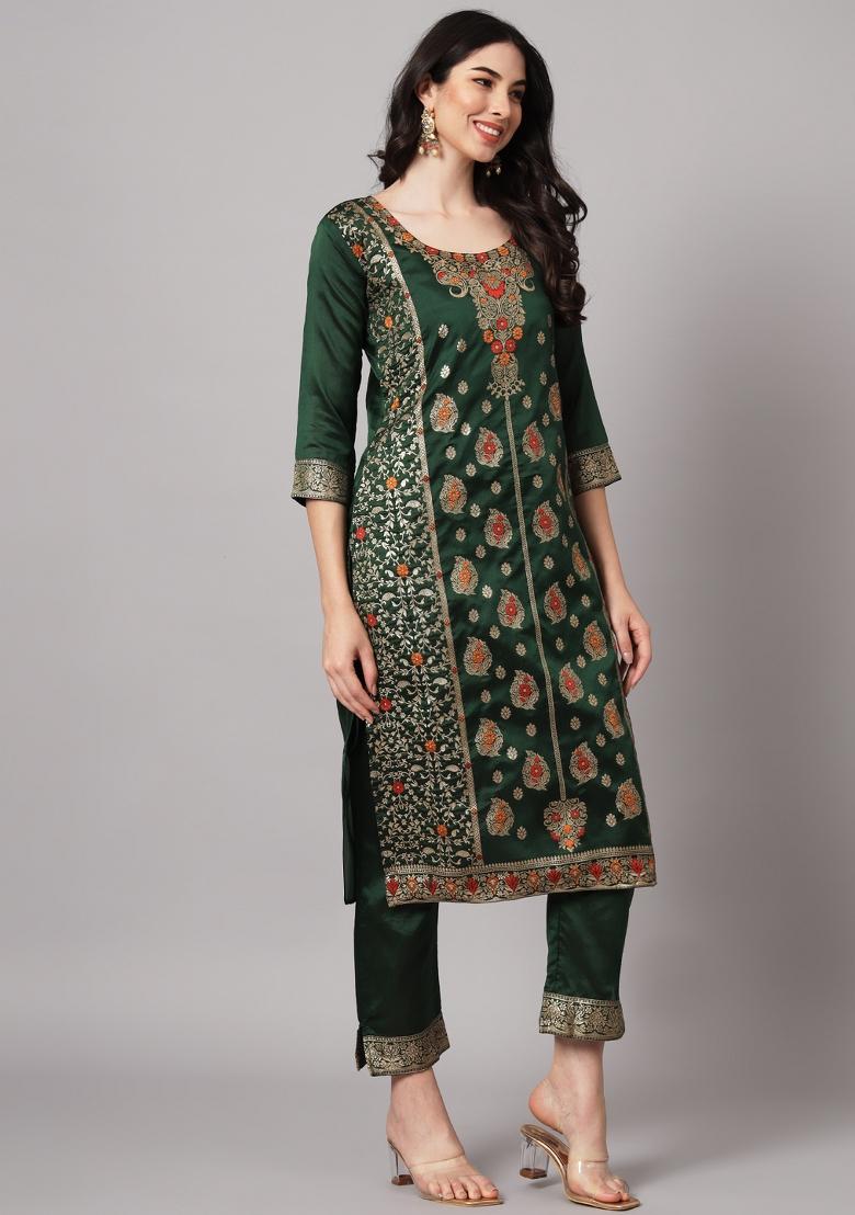 Green Woven Cotton Blend Salwar Kameez With Dupatta