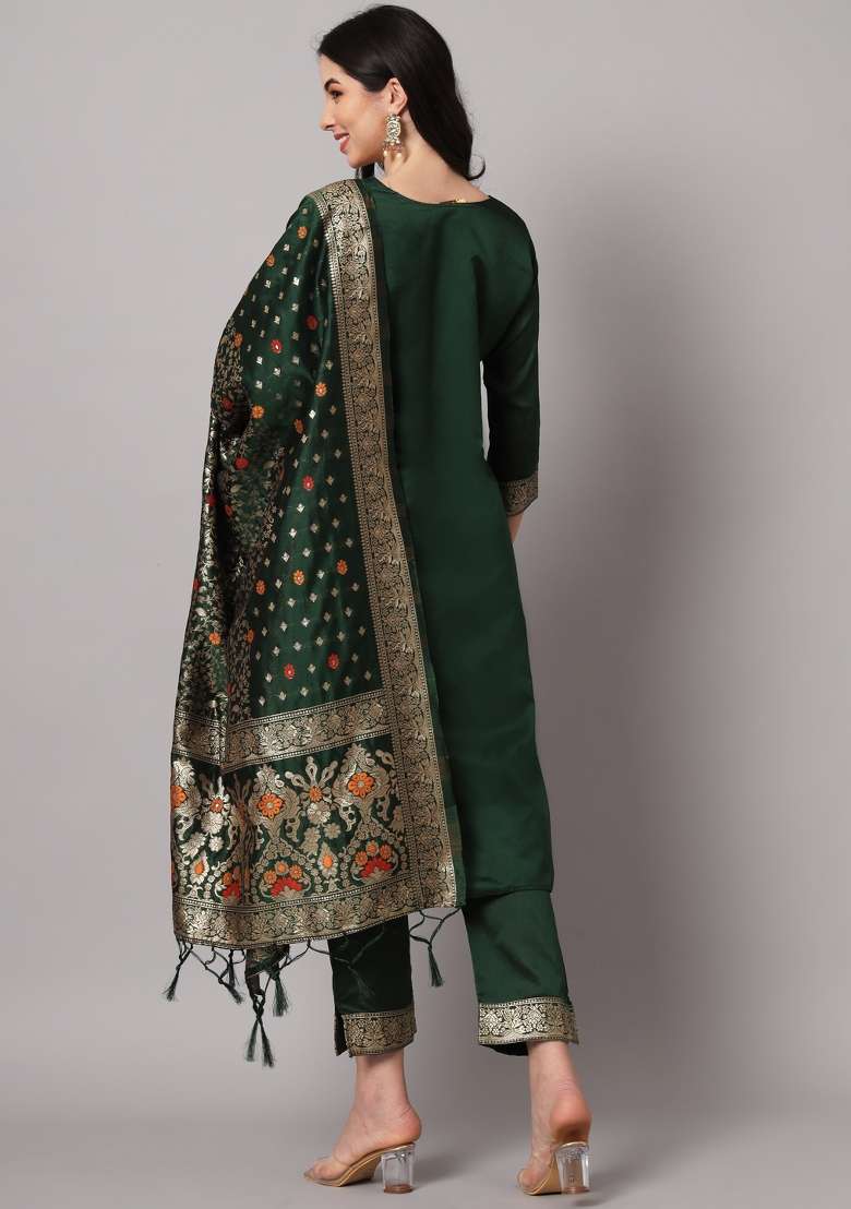 Green Jacquard Cotton Straight Kurta Set - Indya