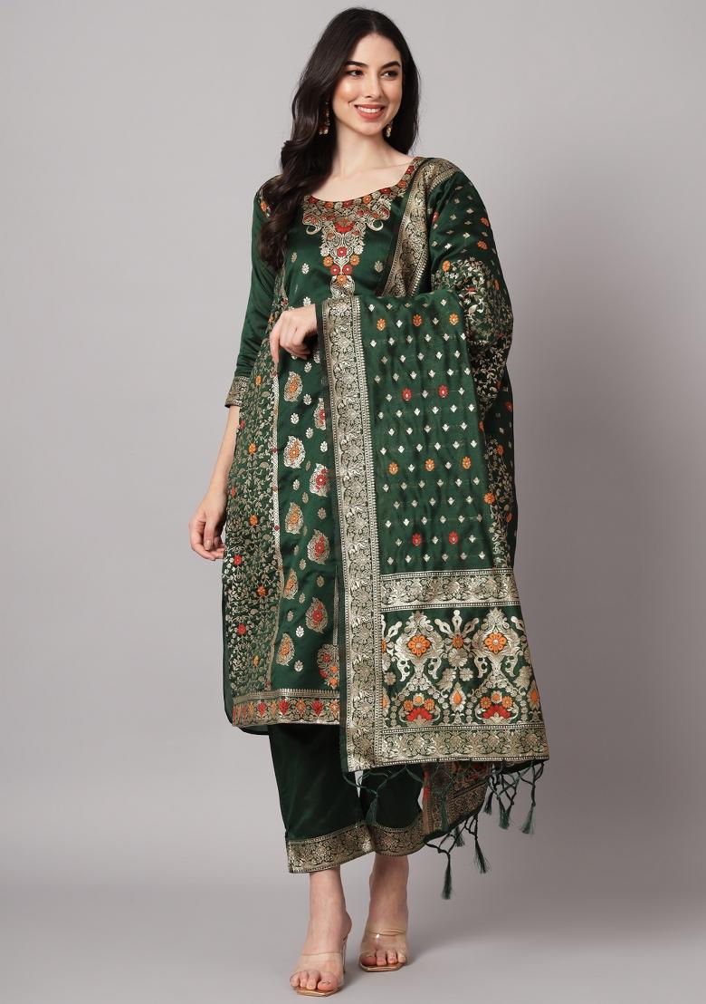 Green Woven Cotton Blend Salwar Kameez With Dupatta