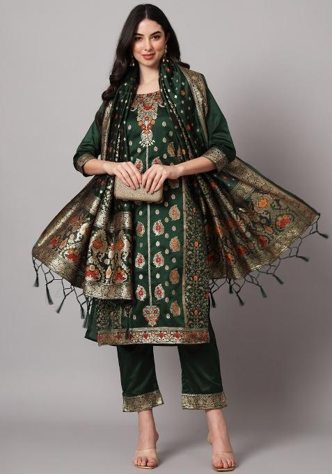 Green Woven Cotton Blend Salwar Kameez With Dupatta