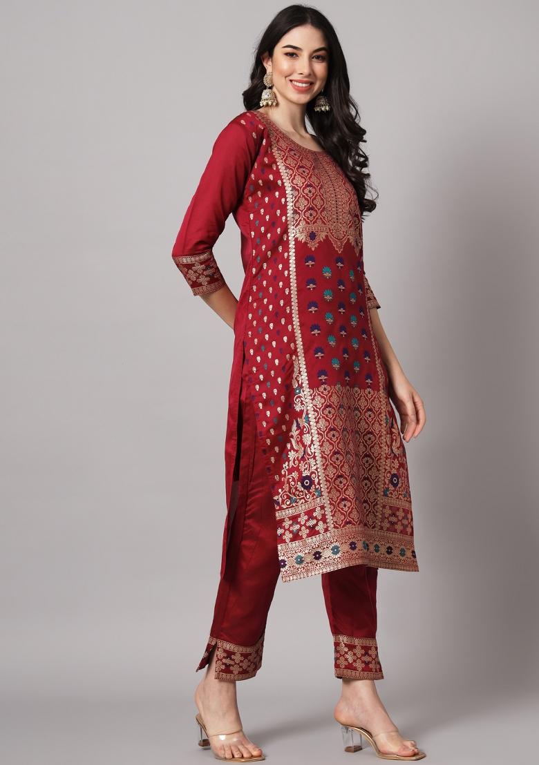 Maroon Woven Cotton Blend Salwar Kameez With Dupatta