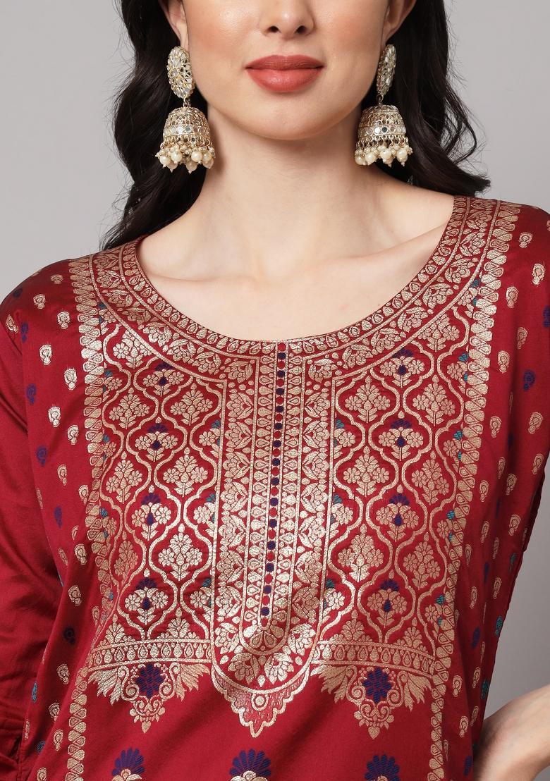 Maroon Woven Cotton Blend Salwar Kameez With Dupatta